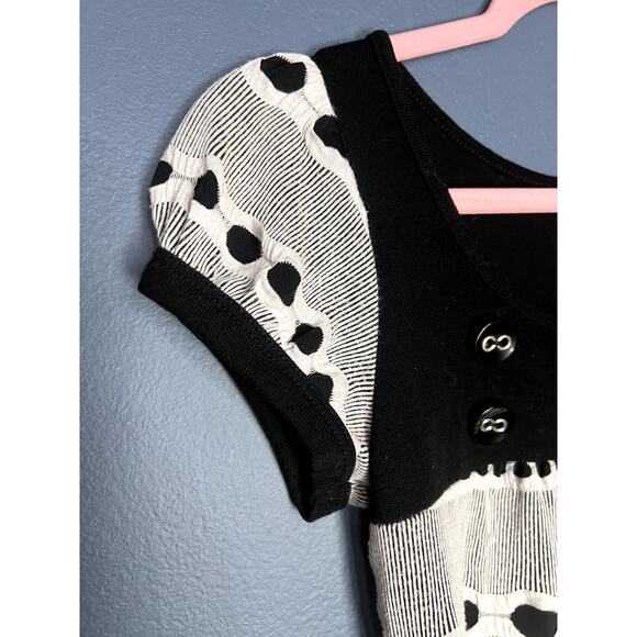 2000s Have Bubble Sleeve Polka Dot Black White Multi Textured Button Top Women - Picture 2 of 8